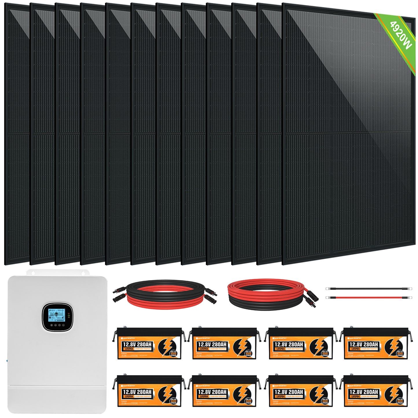 10000W Home Off-grid Solar Power System: 10KW 120V/240V Output+ 14.3kWh Lithium Battery (4*280Ah)+ 4920W Solar Panel (12*410W)