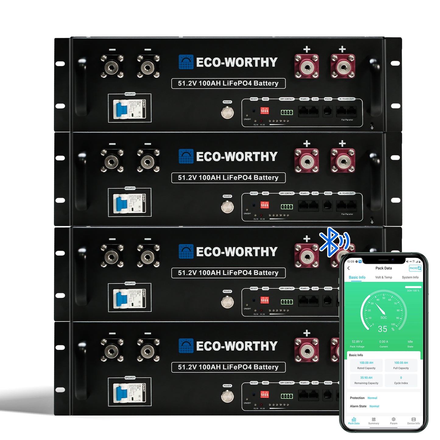 ECO-WORTHY 51.2V 100Ah LiFePO4 Lithium Battery, 5.12kWh Capacity, Server Rack Battery With Bluetooth and Wifi