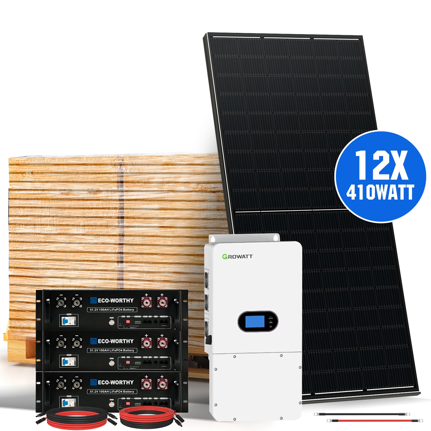 10000W Home Hybrid Solar Power System: 10KW GROWATT 120V/240V Output+ 15.36kWh Lithium Battery (4*280Ah)+ 4920W Solar Panel (12*410W)