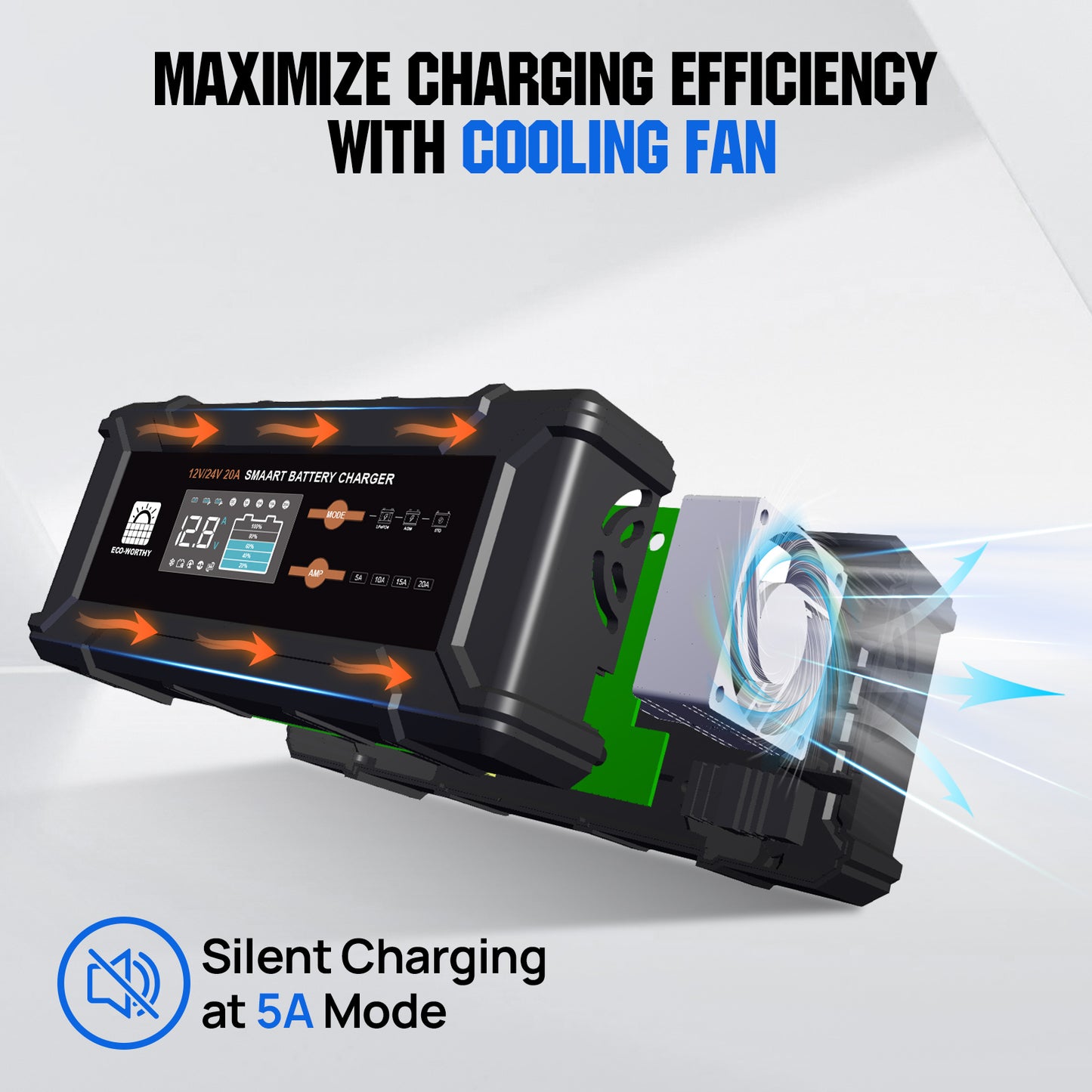 20A 12V/24V Smart Battery Charger with LCD Display for Most Batteries