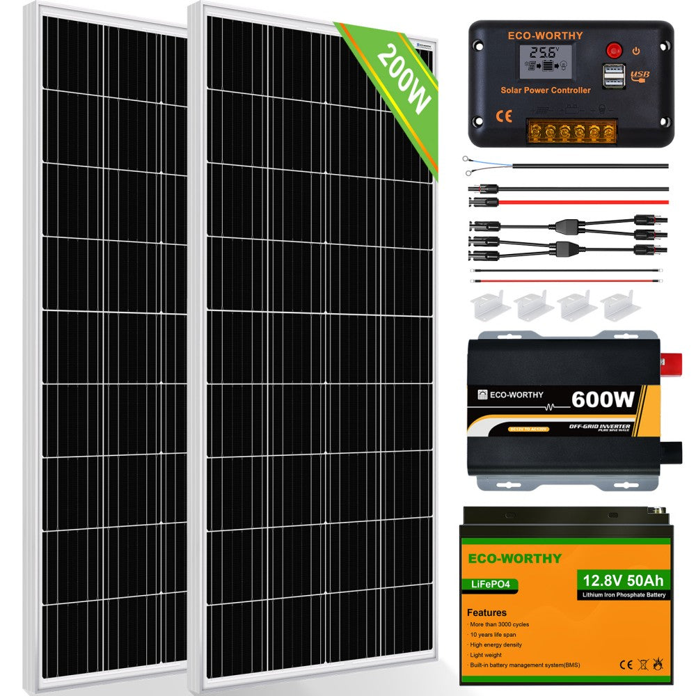 100W 200W 12V (1/2/x100W) Complete Off Grid Solar Kit, 200W (2-Panel) 12V Solar Kit / Complete Kit