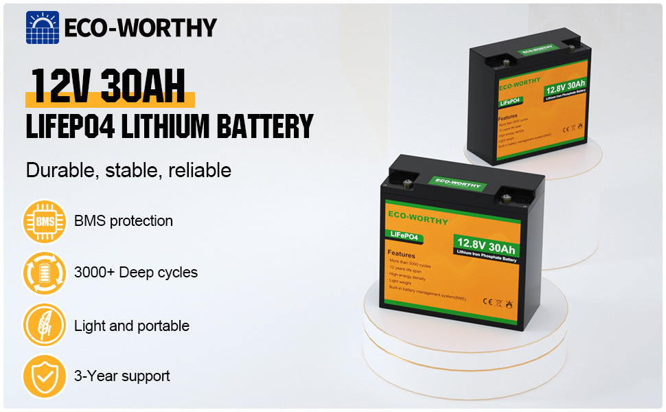  ECO-WORTHY 12V 20Ah Lithium Battery, 3000+ Deep Cycle  Rechargeable LiFePO4 Lithium Ion Phosphate Battery with BMS for Trolling  Motor, Fish finder, Kids Scooters, Power Wheels, Outdoor Camping :  Automotive
