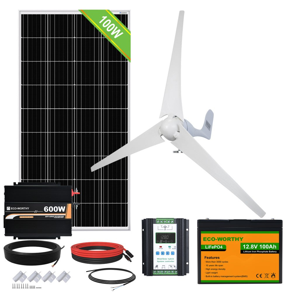 500W Kit solar híbrido: Generador de turbina de viento de 12V 400W + panel  solar policristalino de 100W + accesorios para granja, bote, casa, RV