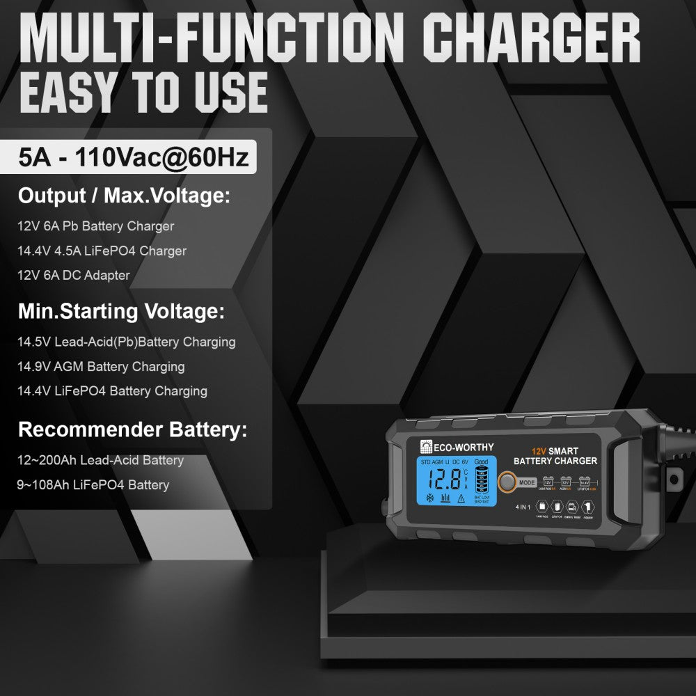 5A 12V Automatic Smart Battery Charger and Maintainer with LCD Display for Lead  Acid and Lithium (LiFePO4) Batteries