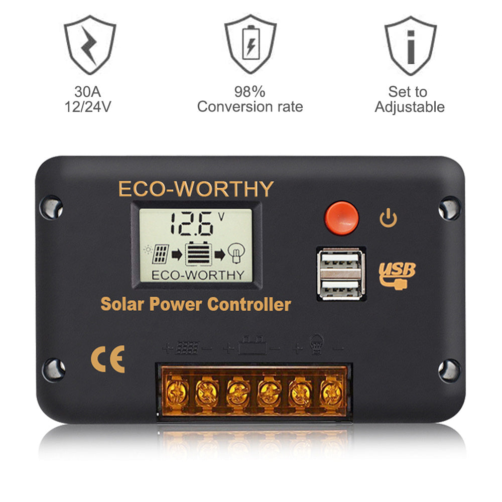 30A PWM LCD Display Solar Charge Controller Regulator with USB Port 12V/24V Autoswitch