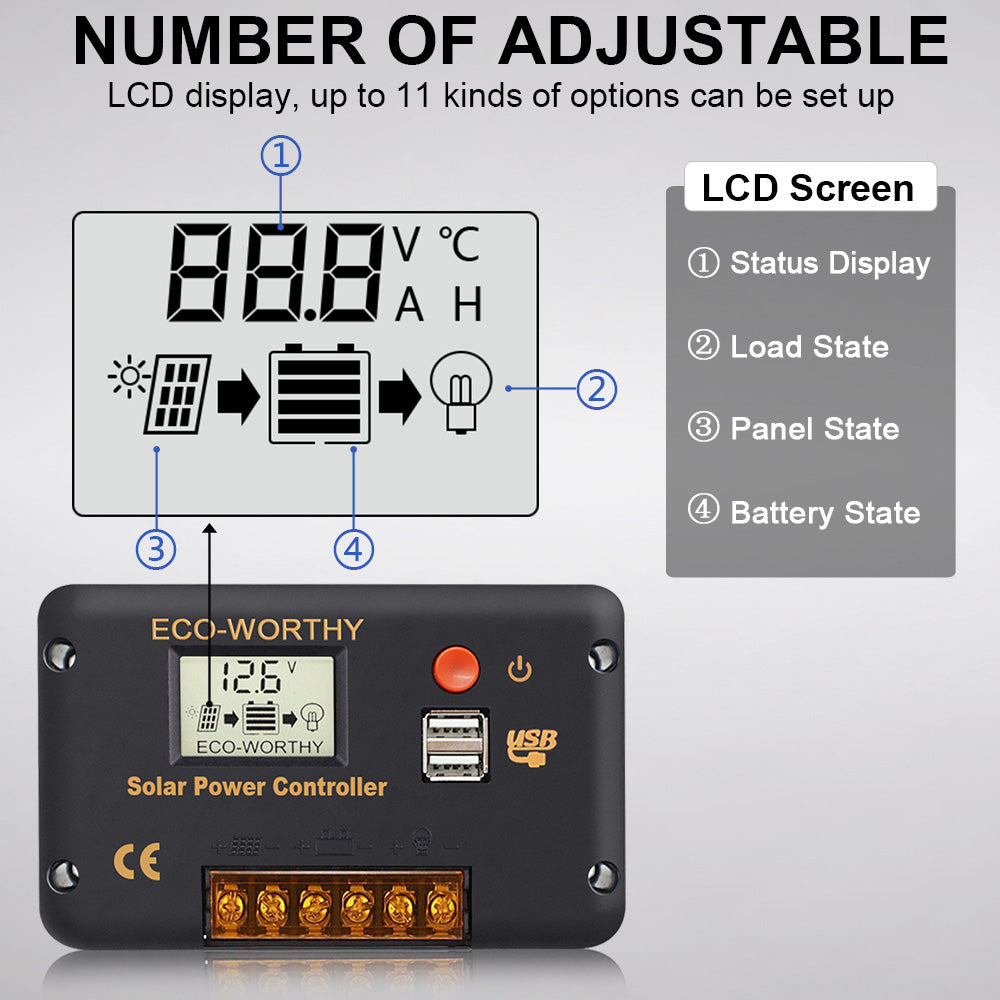 PWM Solar-Laderegler, 20A, LCD-Display, USB, 12V, 24V